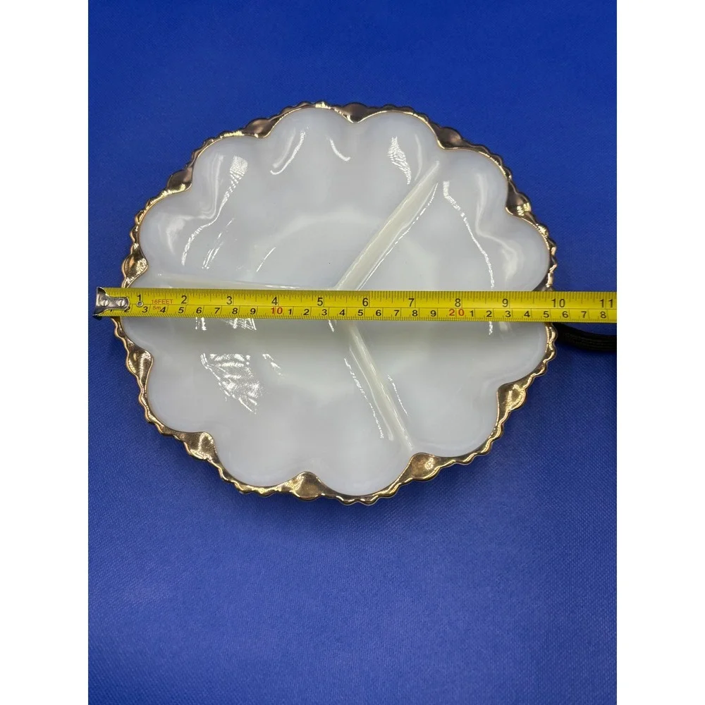Vintage Fire King Anchor Hocking Milk Glass Divided‎ Dish with Gold Foil Edge